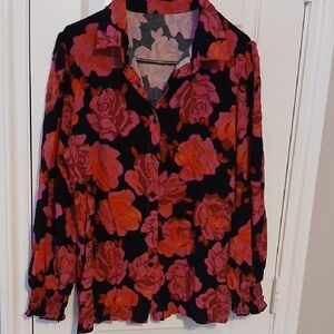 Floral Button-Up Blouse - Pink and Red
